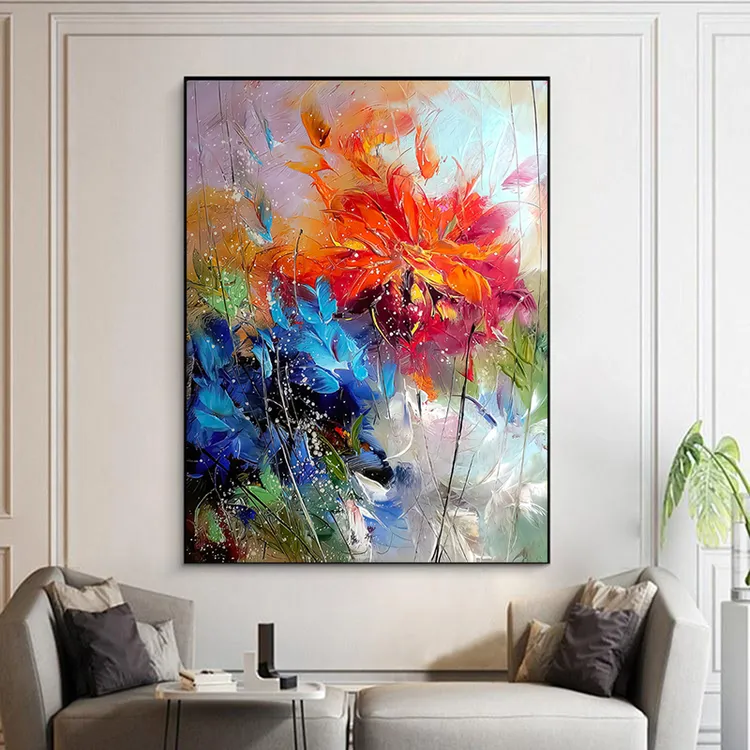 手绘油画花卉焰火抽象客厅装饰画高级感书房手工挂画玄关艺术挂画