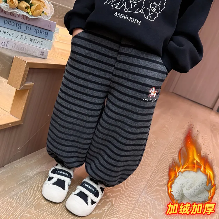 女童时尚加绒裤新款儿童休闲裤子女宝宝洋气条纹马到成功灯笼裤潮