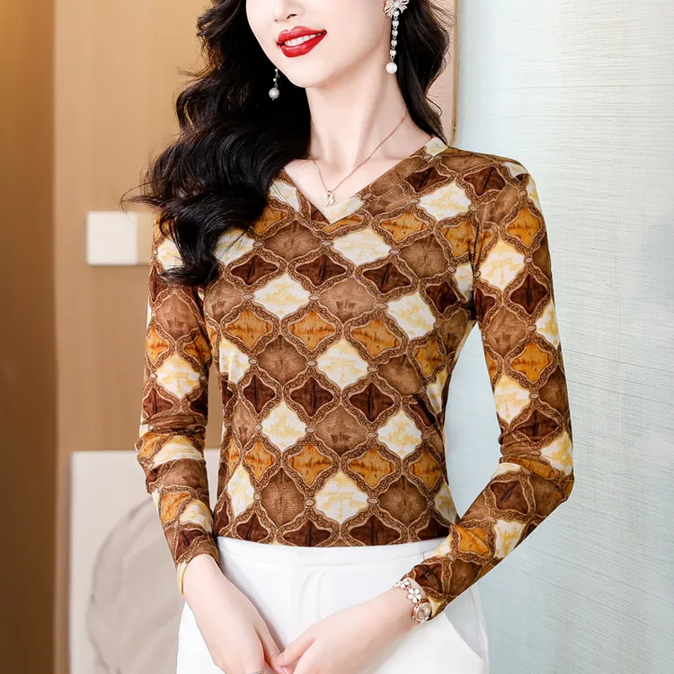 【秋季上新活动】长袖印花柔软T恤时尚显瘦气质打底衫舒适法式小衫