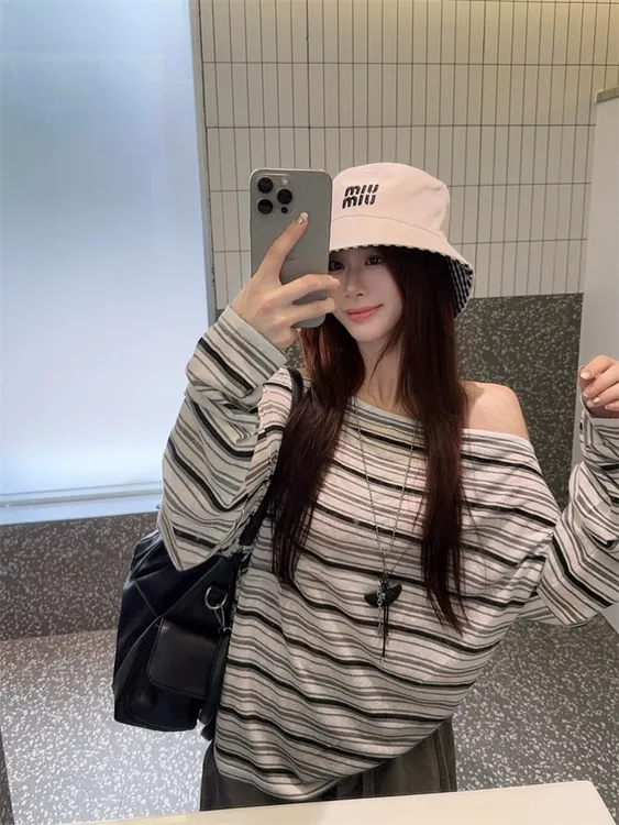 2025秋季新款斜领露肩条纹罩衫＋阔腿裤