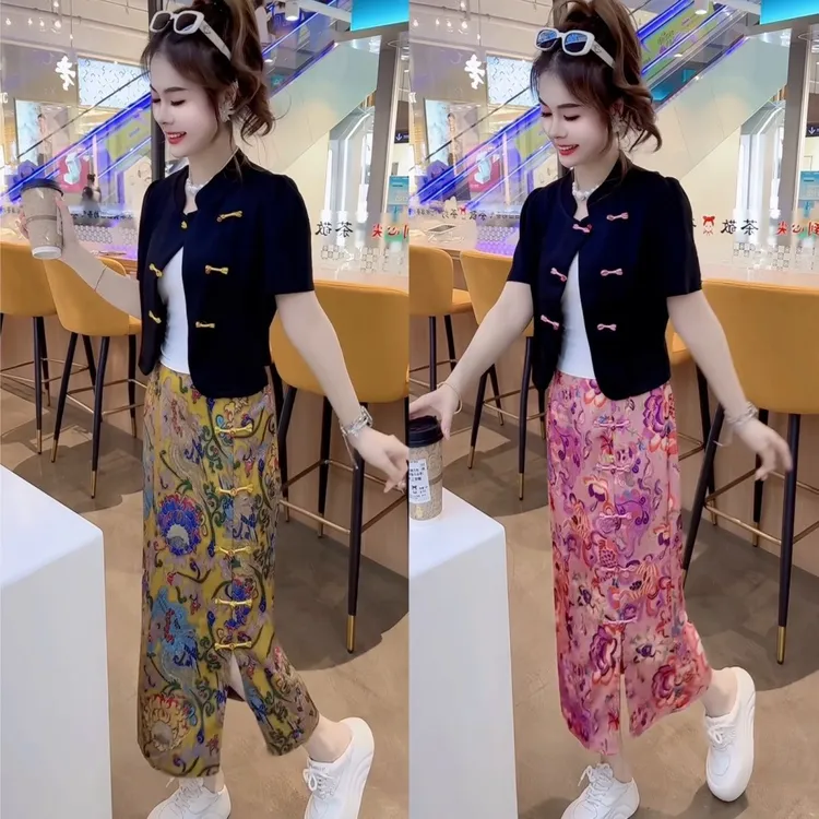 夏季新款国风套装中式时尚盘扣显瘦短袖上衣两件套半身裙洋气高腰