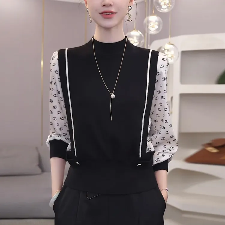 秋季女黑色假两件毛衣针织衫慵懒高级感减龄洋气内搭打底衫上衣