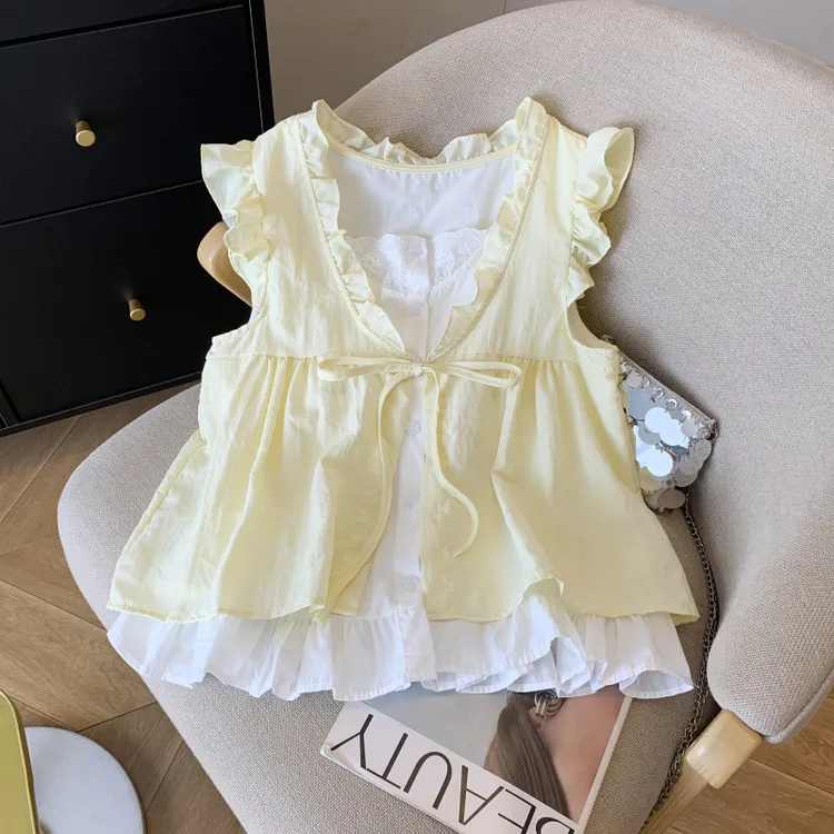 甜美假两件荷叶边衬衫女士夏季木耳边减龄宽松韩版无袖娃娃衫背心