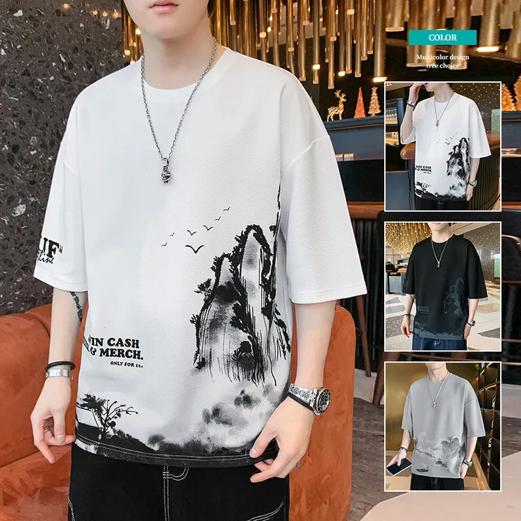 夏季男生男装短袖T恤休闲圆领男士纯棉百搭半袖宽松潮流印花