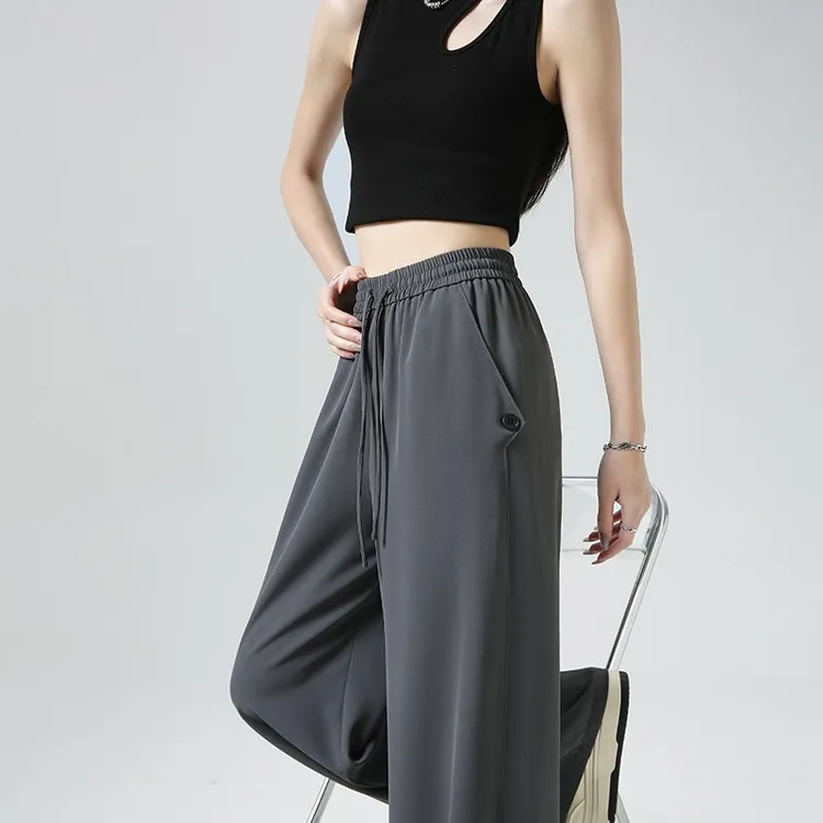 安芙琳原创设计2025夏新款灰色阔腿裤女薄款高腰垂感西装直筒裤子