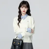 杏色POLO领假两件毛衣女春秋2025秋季新款翻领格子拼接针织衫上衣