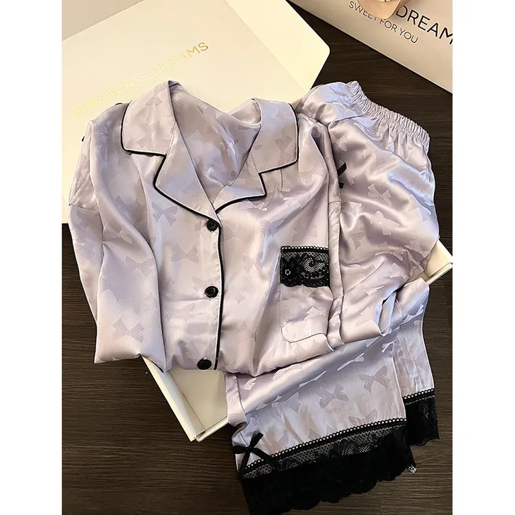 轻奢高级感蝴蝶结拼接蕾丝睡衣女春秋新款休闲舒适长裤家居服套装