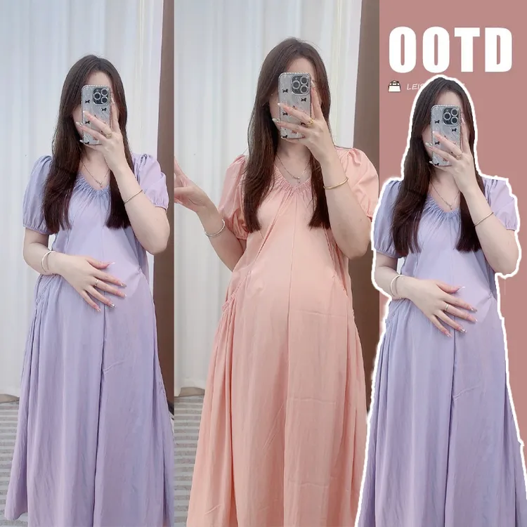 清！孕妇装夏季V领气质中长款连衣裙有口袋大码宽松显瘦