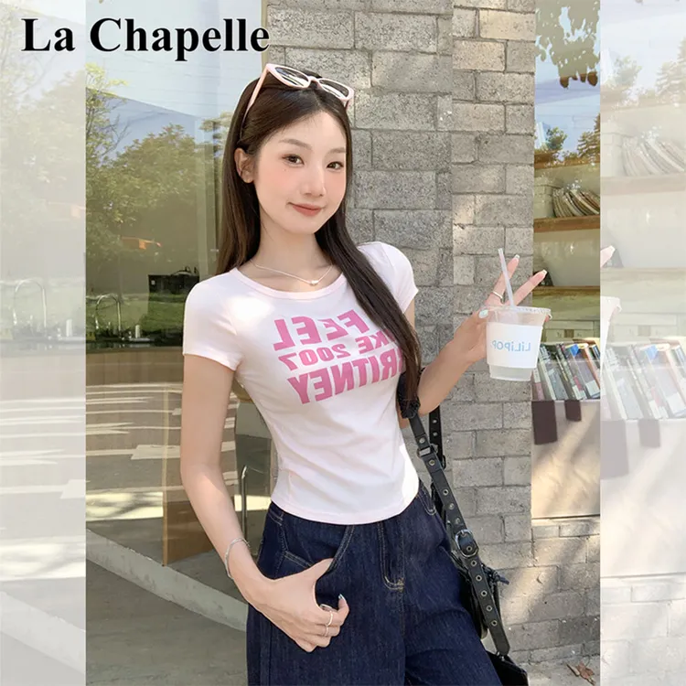 拉夏贝尔浅粉色纯欲字母印花圆领正肩短袖t恤女夏季修身显瘦上衣