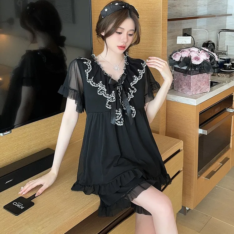 【带胸垫】夏季纯欲风睡衣女短袖网纱蕾丝甜美性感家居服可外穿套装