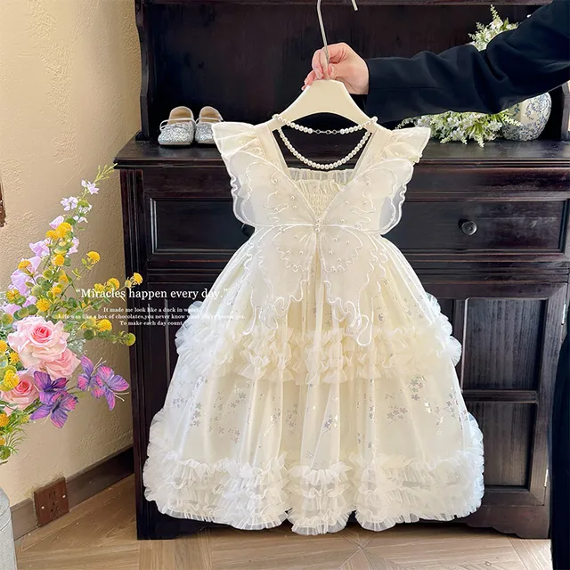 女童公主裙夏季2025新款绝美洋气女孩白色礼服儿童蝴蝶翅膀连衣裙