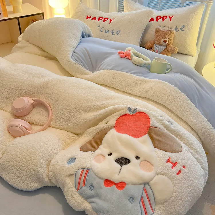 加厚牛奶羊羔绒四件套卡通贴布绣被套双面加绒三件套冬季床上用品