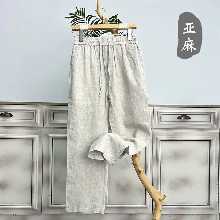 25K12高端纯亚麻男裤夏季薄款麻料裤子男士休闲裤宽松直筒阔腿裤