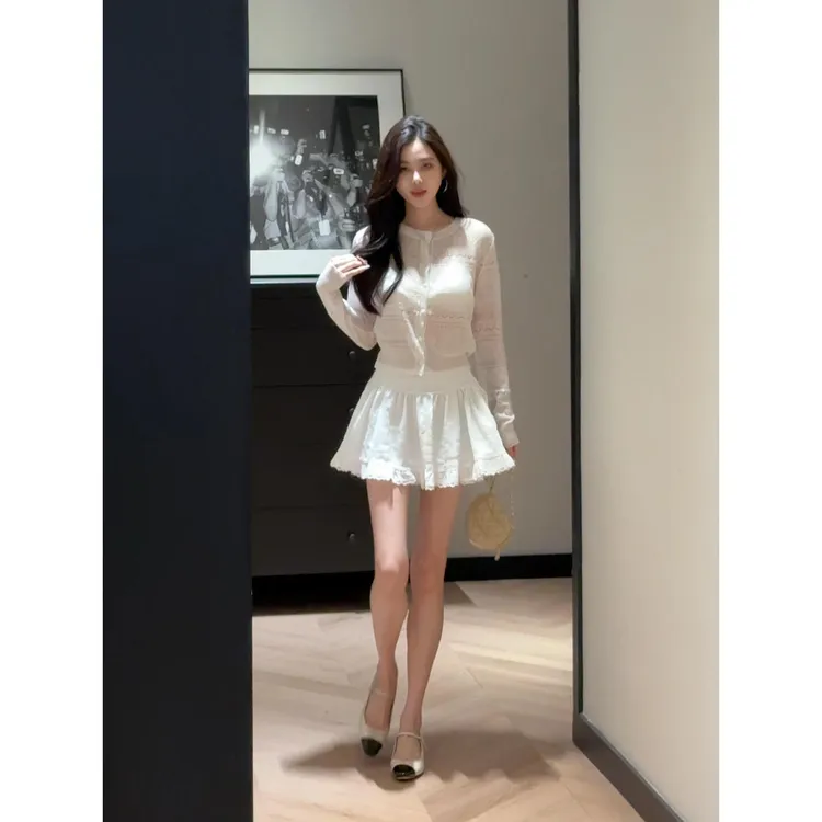 清冷微透防晒针织开衫初恋感蓬蓬蕾丝小白裙两件套装女2025夏季