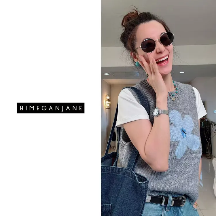 HIMEGANJANE “春织蓝语”花朵提花 针织马甲背心女6028