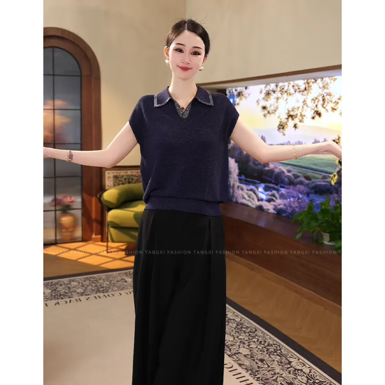 2025夏新款【LT-1139】薄款凉快天丝蓝色烫钻设计感短袖针织小衫女