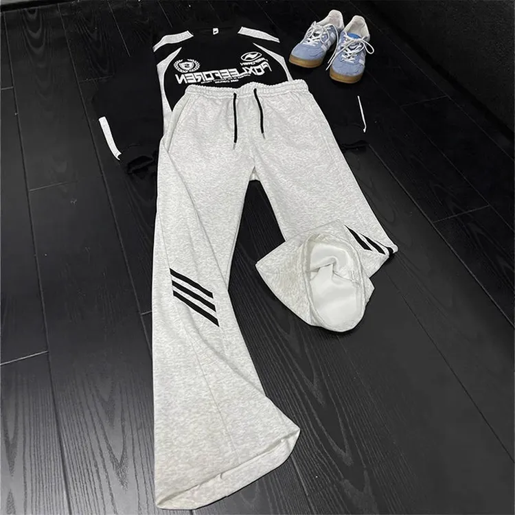 美式复古白灰色条纹卫裤男高街新款休闲微喇直筒裤子运动秋季长裤