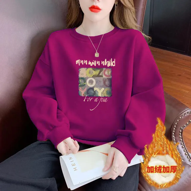 华棉圆领卫衣女士加绒/不加绒别致印花春秋冬新款薄款设计感外套