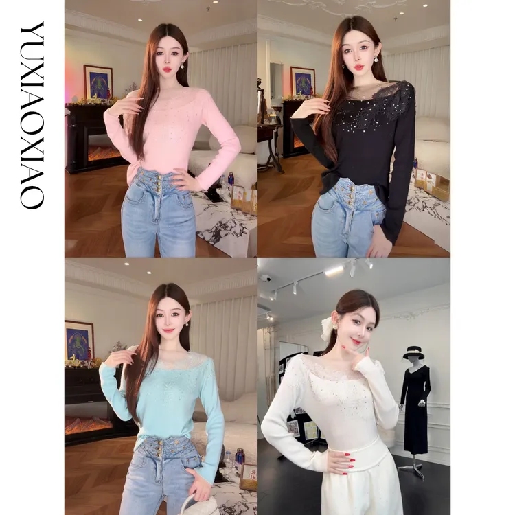 余潇潇【温柔羽翼】精致舒适羽毛蕾丝花边烫钻一字领打底羊毛衫女士