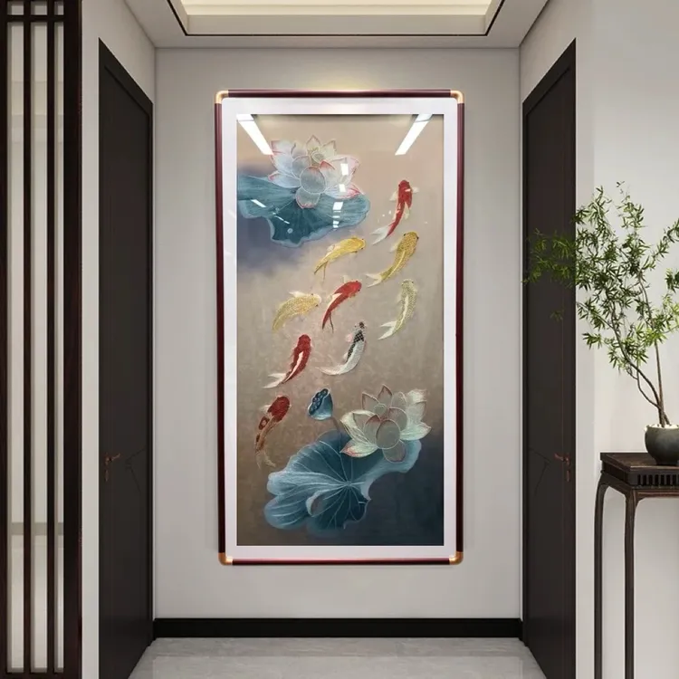 九鱼荷花高端织锦绣现代简约刺绣装饰画墙壁入户玄关画过道