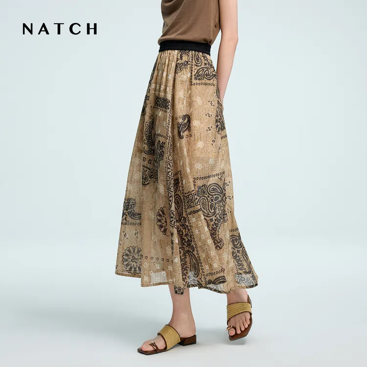 NATCH/南枳复古印花半身裙2025夏季新款休闲裙子中长款高腰薄款