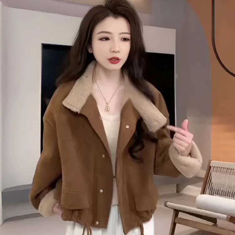 美拉德短款羊羔毛加绒外套2025秋冬洋气复古加厚小个子穿搭上衣