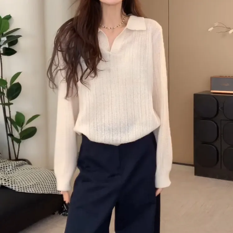 欧货独特漂亮长袖翻领针织衫女秋季设计感洋气时尚休闲百搭上衣潮
