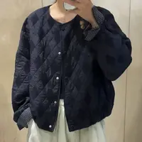 欧货菱形格圆领格子拼接夹棉外套（衣长62左右）