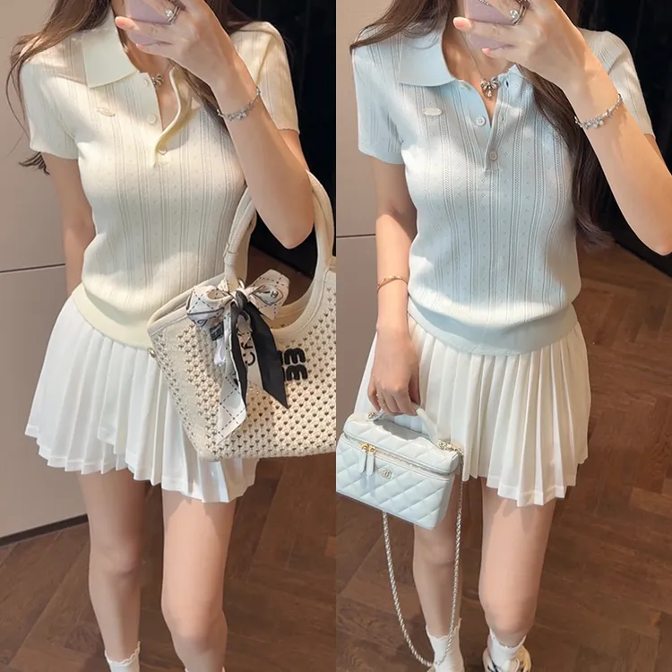 【mimius】P 复古温柔减龄polo领短袖上衣+裙裤（松紧腰）WG06005