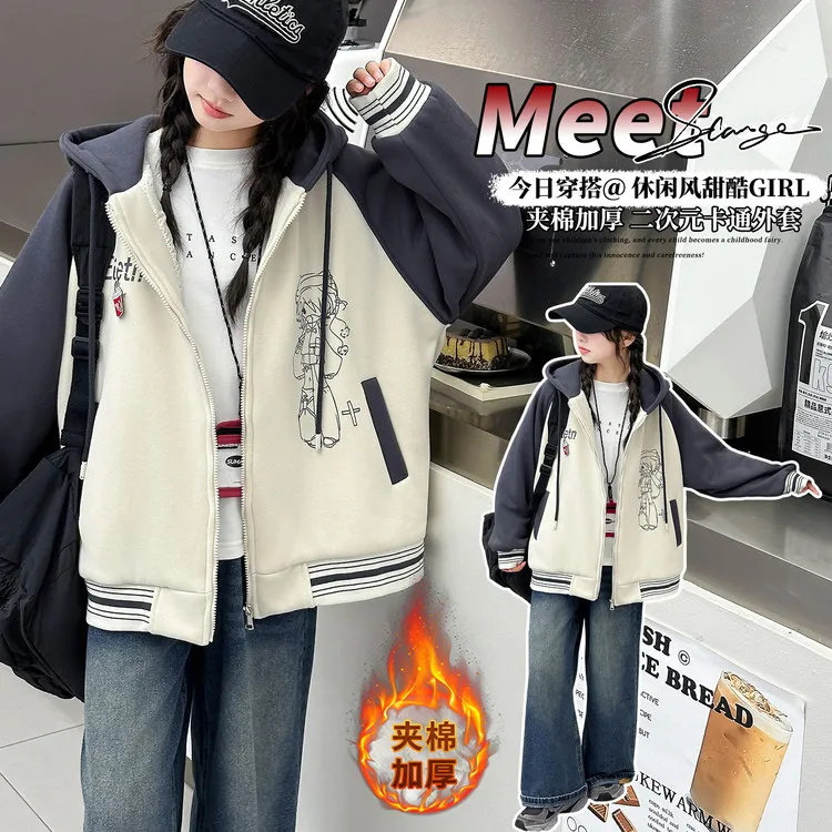 女童秋冬款韩版休闲加棉加厚外套女大童洋气时髦儿童秋装棒球服潮