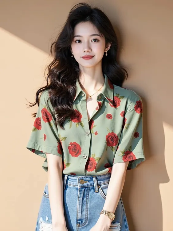 绿色蔷薇短袖夏季衬衫薄款新款设计感小众宽松印花休闲衬衣上衣