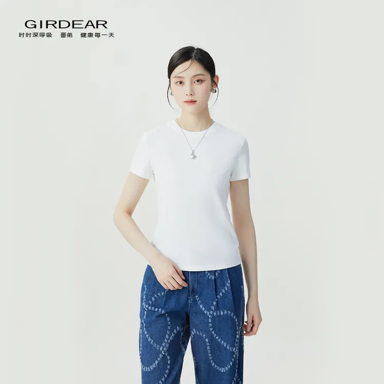 哥弟品质女装夏季时尚简约休闲圆领纯色超值小白短袖T恤女1301048