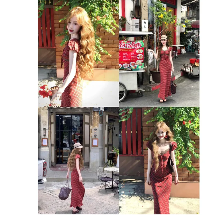 【蕾丝格调】复古泡泡袖连衣裙格纹蕾丝拼接夏季显瘦时尚长裙