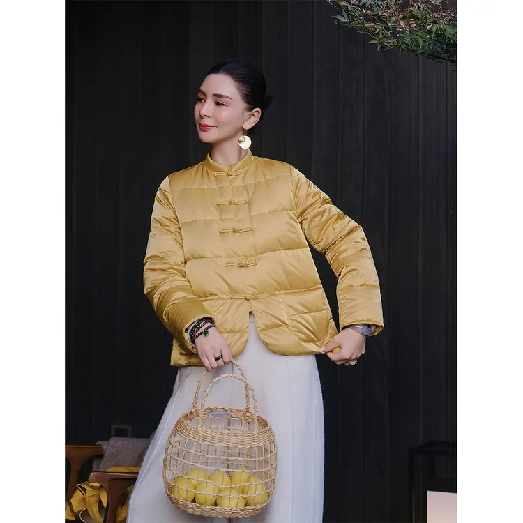 麻霖90白鹅绒缎面丝光感新中式马卡龙色系加厚保暖羽绒服外套