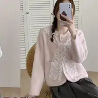 1340韩系慵懒风蕾丝披肩仿水貂绒短款外套圆领长袖秋季新款时尚女
