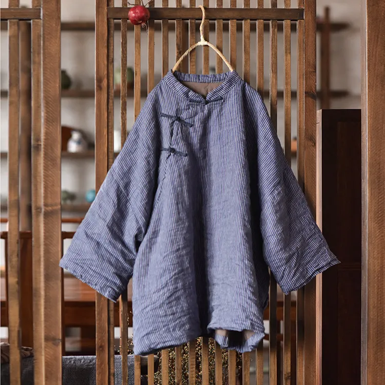 51217 中长款砂洗色织亚麻秋冬款棉衣 文艺复古夹棉保暖条纹棉服