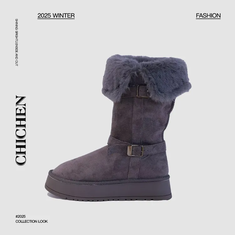 CHICHEN-氛围毛毛-绒面雪地靴厚底两穿加厚加绒加厚皮带扣靴子