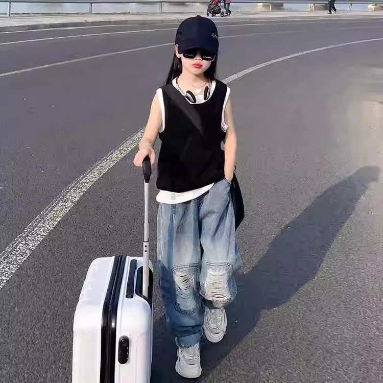 女童2025夏休闲中大童背心套装破洞洋气时尚个性直筒大童女童夏装