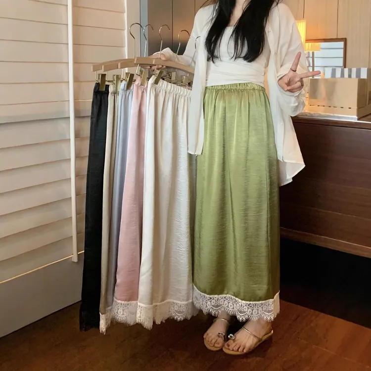 缎面光泽半身裙高腰垂感蕾丝半身裙A字包臀裙韩版女装新款夏季
