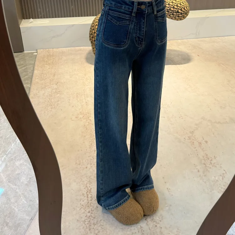 宿慕SUMU显瘦植绒直筒牛仔裤2025新款百搭高腰蓝色牛仔裤子32998