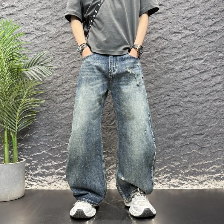 破洞抓痕做旧纯色牛仔阔腿男裤弯刀宽松潮流百搭休闲长裤2025新款