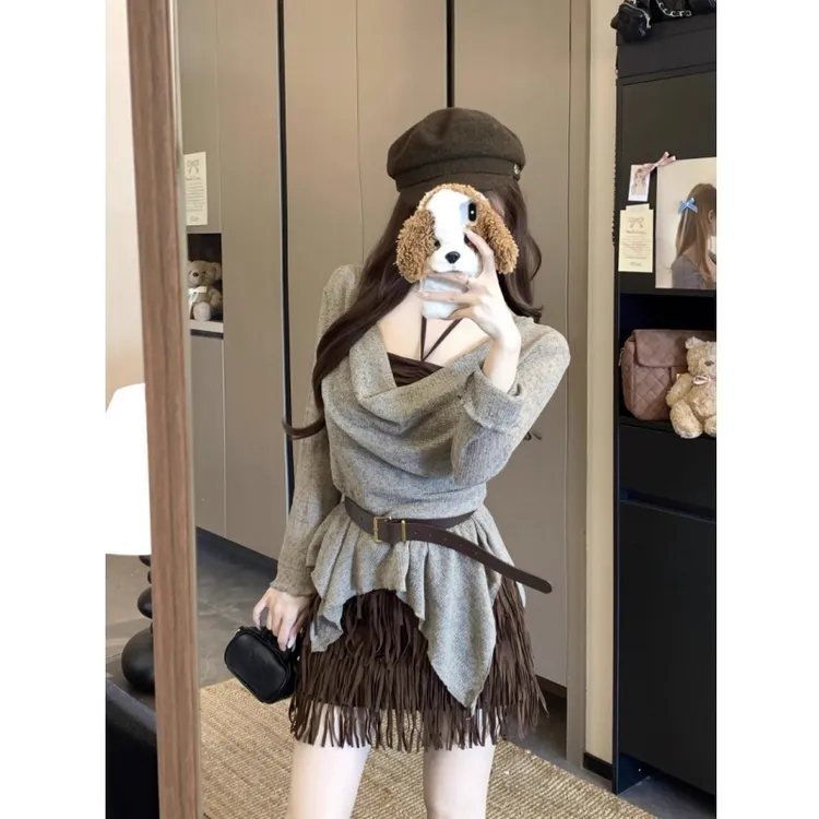 美拉德秋季设计感荡领两件套上衣