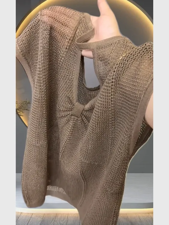 盐系不撞款咖色针织镂空T恤2025轻熟小众设计感夏日轻薄透气上衣