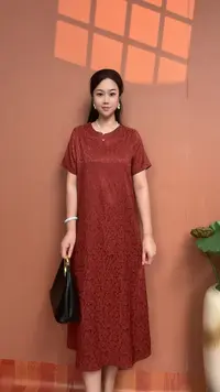  （铁锈红）气质碎花中长款显瘦宽松时尚妈妈装连衣裙