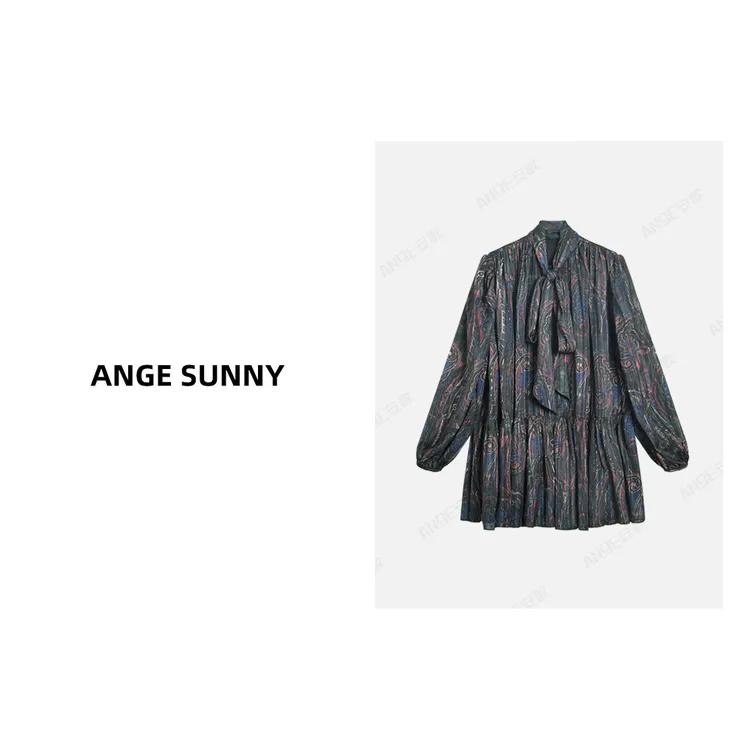 ANGE SUNNY【娜扎同款  鎏金印花连衣裙】飘带领长袖复古印花连衣裙