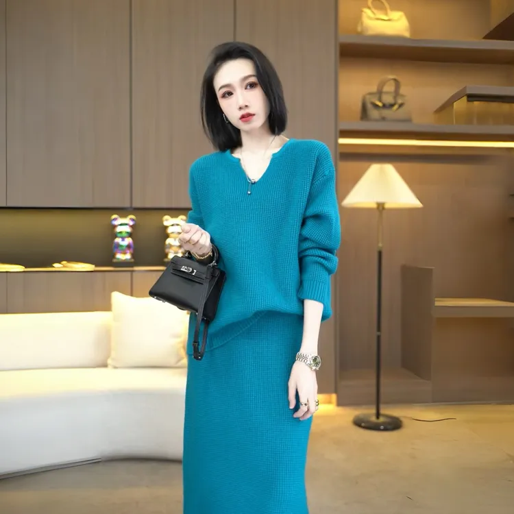 欧颍昇李思桐女装2025冬季洋气衣服华夫格毛衣两件套套装裙子7410
