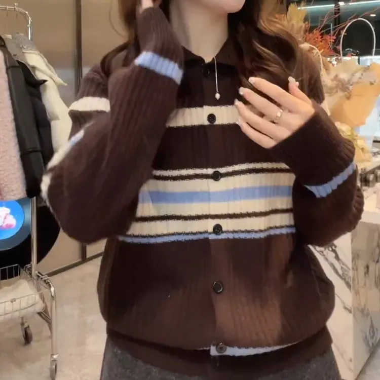 超好看独特漂亮条纹毛衣女秋冬季新款韩系复古慵懒风针织开衫外套
