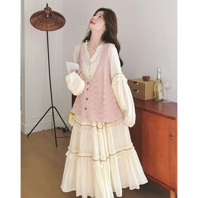 韩系慵懒风粉色条纹针织背心马甲女秋冬叠穿无袖毛衣开衫坎肩上衣