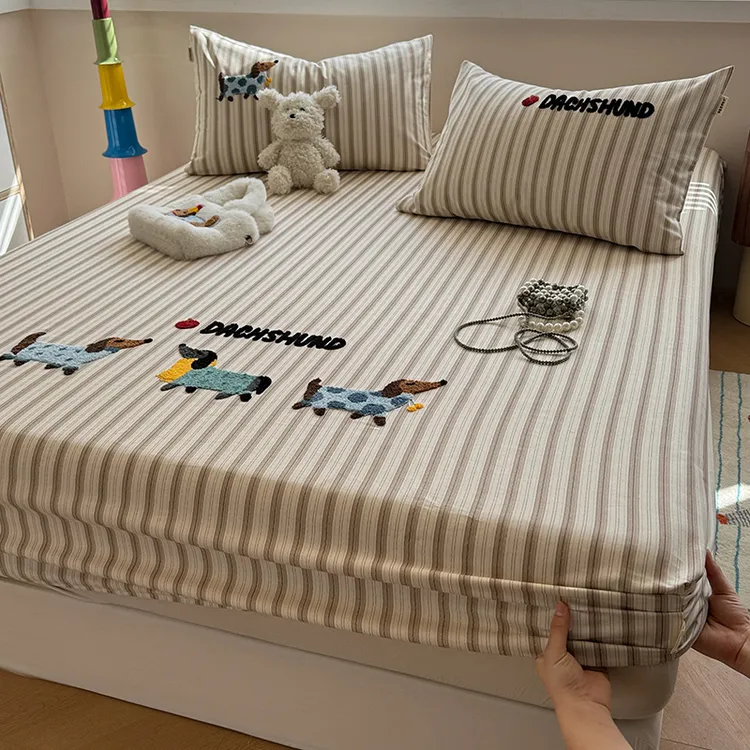 A类ins卡通腊肠狗全棉纯棉老粗布床笠单件2025新款加厚床垫保护罩