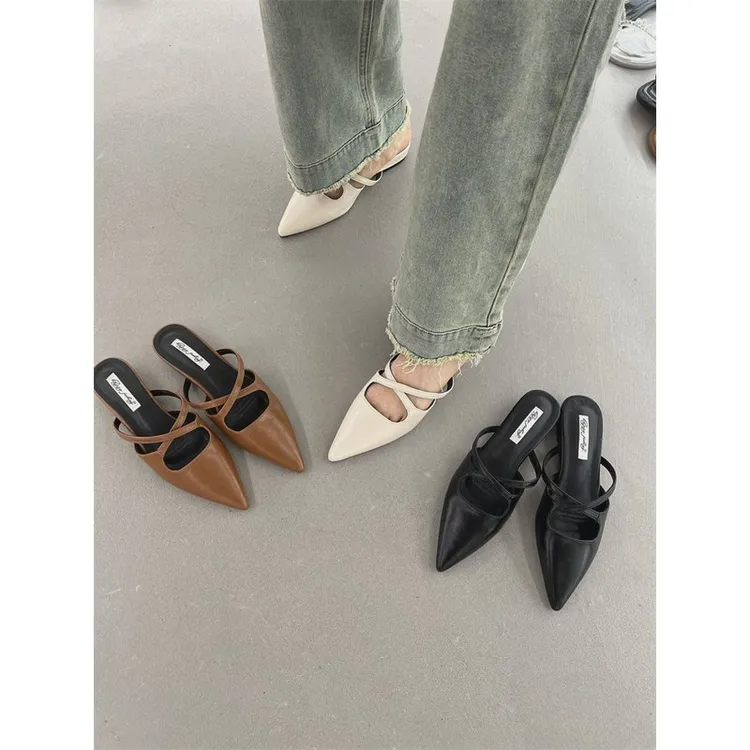 法式复古平底尖头包头半拖鞋女鞋子外穿2025夏季尖头懒人凉拖鞋